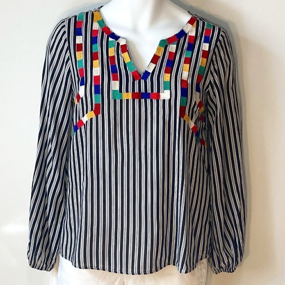 April Sky SZ S Black & White stripe pullover blouse bright color embroidery